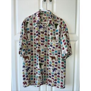 Burma Bibas Shirt Mens Medium 100% Silk Camp Elephant Floral Print
